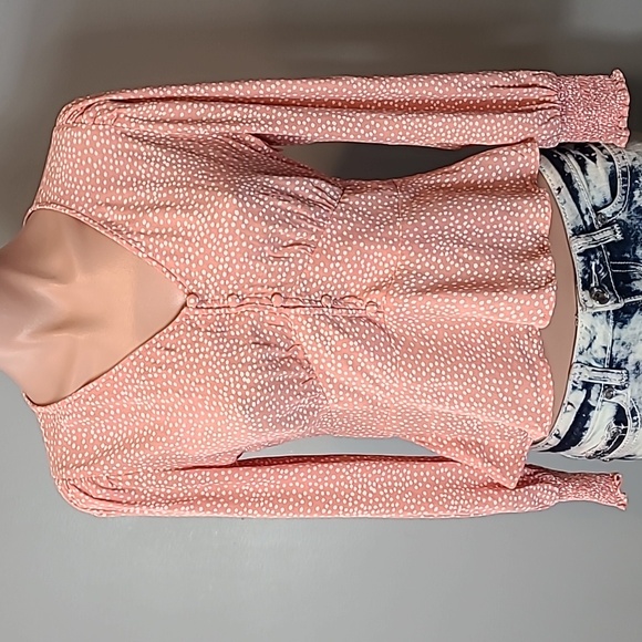 LOFT Polka Dot Peplum Top Size 2P Pink Coquette Flowy Puff Sleeve Comfy Casual - Picture 1 of 11